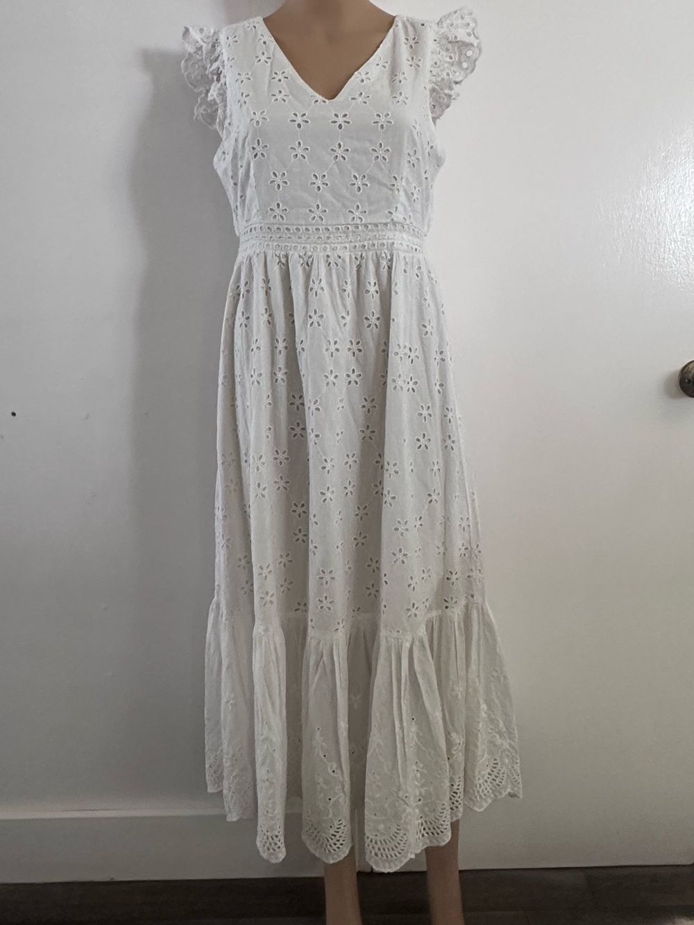 L.O.V. White Cotton Eyelet Lace Maxi Dress Boho Cottagecore Small